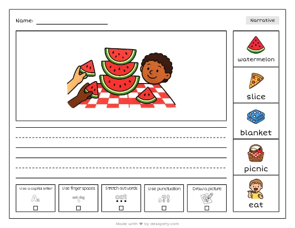 A stack of watermelon slices on a checkered blanket — real worksheet preview with word bank and writing lines
