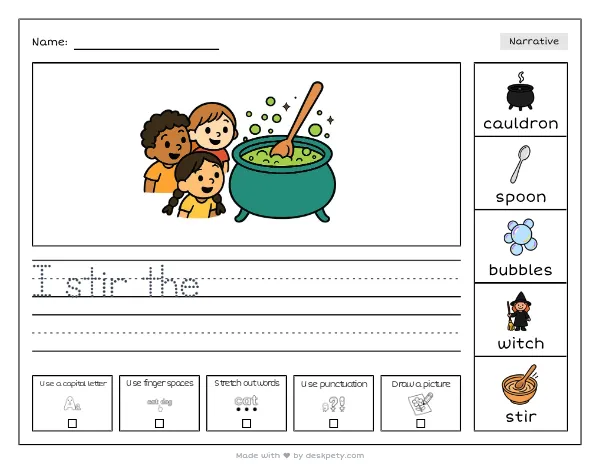 A bubbling green cauldron with a wooden spoon stirring itself — real worksheet preview with word bank and writing lines