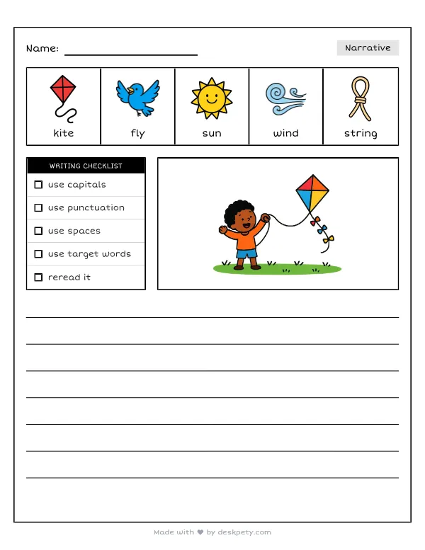 Flying a colorful kite high in the gentle spring breeze — real worksheet preview with word bank and writing lines