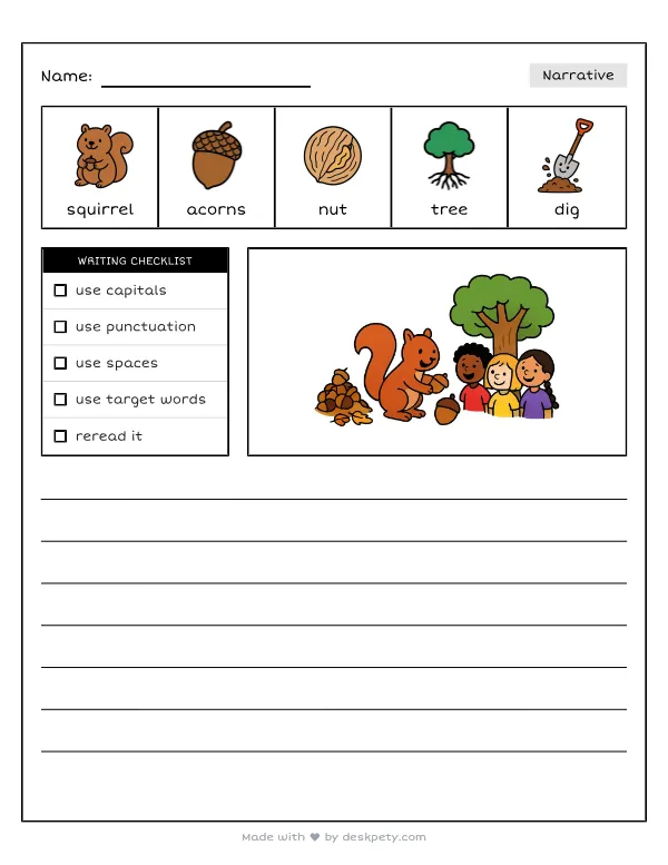 A busy squirrel gathering acorns for the cold winter — real worksheet preview with word bank and writing lines