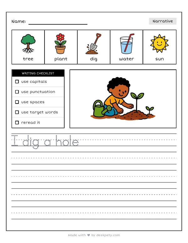 Free printable K-1 narrative writing prompt worksheet - I can help our Earth by with word bank and handwriting lines