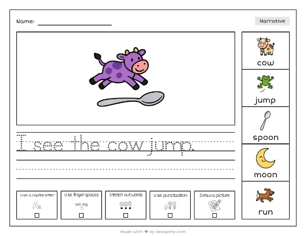 A purple cow jumping over a silver spoon — real worksheet preview with word bank and writing lines