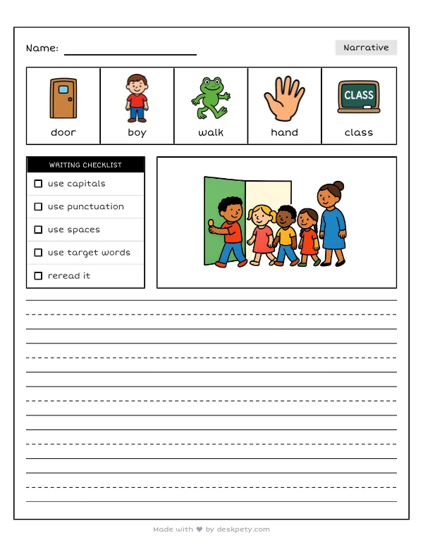 A kind student holding the heavy door open for the rest of the class — real worksheet preview with word bank and writing lines