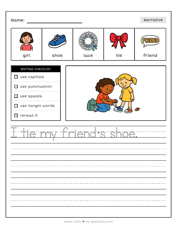 A student tying a friend's shoelace before the morning bell — real worksheet preview with word bank and writing lines