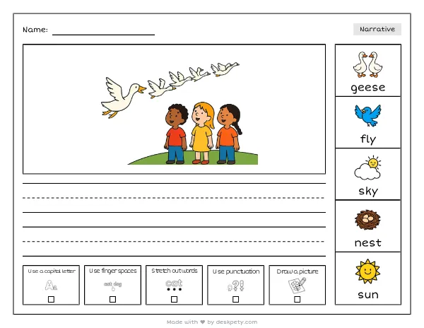 A flock of geese flying in a V-shape — real worksheet preview with word bank and writing lines