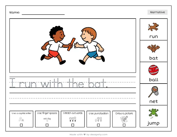 Free printable Kindergarten write and draw worksheet - A relay race baton passing between two teammates tracing sentence and coloring page