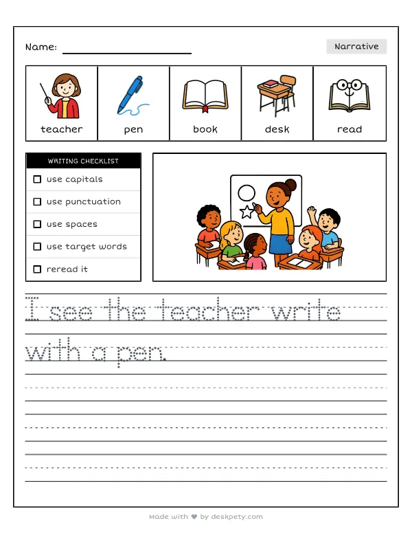 A teacher writing on a whiteboard in front of a busy classroom — real worksheet preview with word bank and writing lines