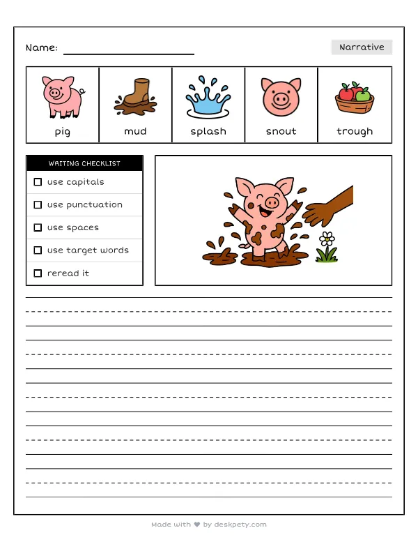 Free printable K-1 narrative writing prompt worksheet - A playful little pig splashing in cool mud with word bank and handwriting lines