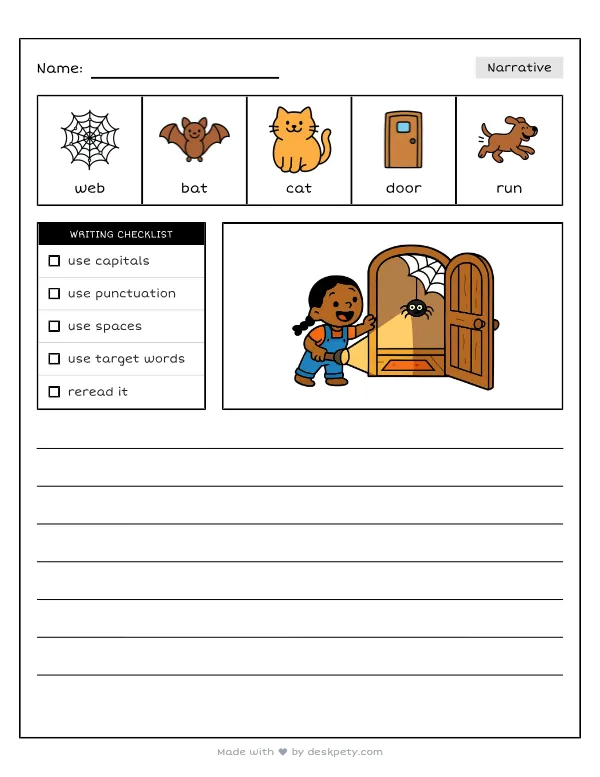 Exploring a creepy, old haunted house with cobwebs — real worksheet preview with word bank and writing lines