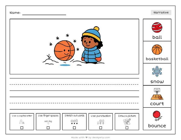 Free printable Kindergarten write and draw worksheet - A basketball bouncing on a snowy court at dusk tracing sentence and coloring page