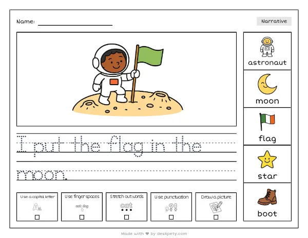 An astronaut kid planting a green flag on a cratered moon surface — real worksheet preview with word bank and writing lines