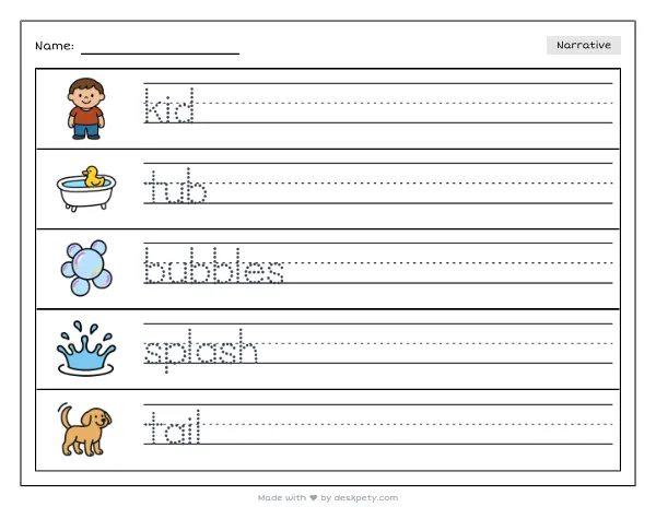 A kid with mermaid tail splashing in a bathtub filled with colorful bubbles — real worksheet preview with word bank and writing lines