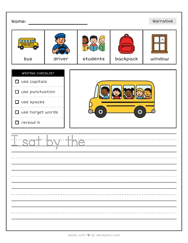 Riding the big, yellow school bus on the very first day — real worksheet preview with word bank and writing lines