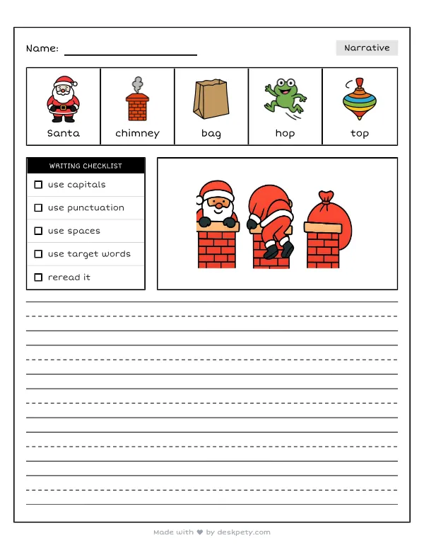Santa Claus climbing quietly down the brick chimney — real worksheet preview with word bank and writing lines