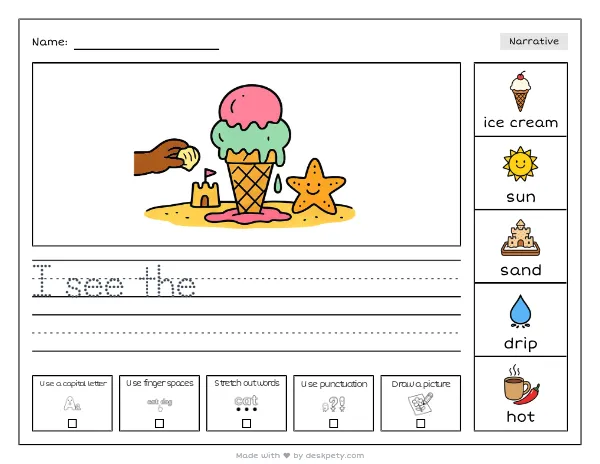 A melting ice cream cone dripping onto a sandy beach — real worksheet preview with word bank and writing lines