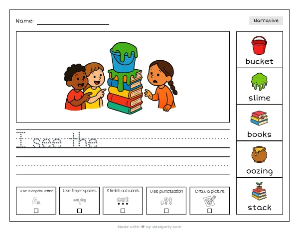 A bucket of slime oozing down a stack of old books — real worksheet preview with word bank and writing lines