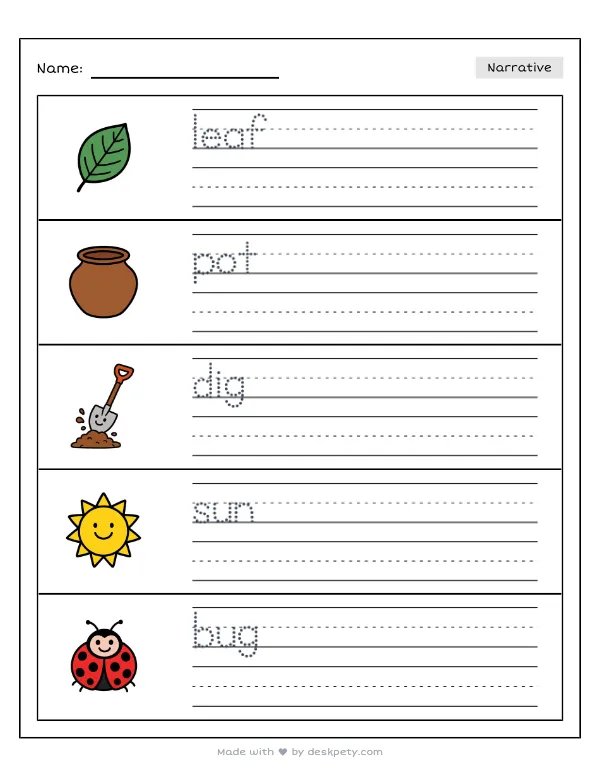 Free printable K-1 narrative writing prompt worksheet - Watching green leaves sprout makes me feel with word bank and handwriting lines (page 1 of 5)