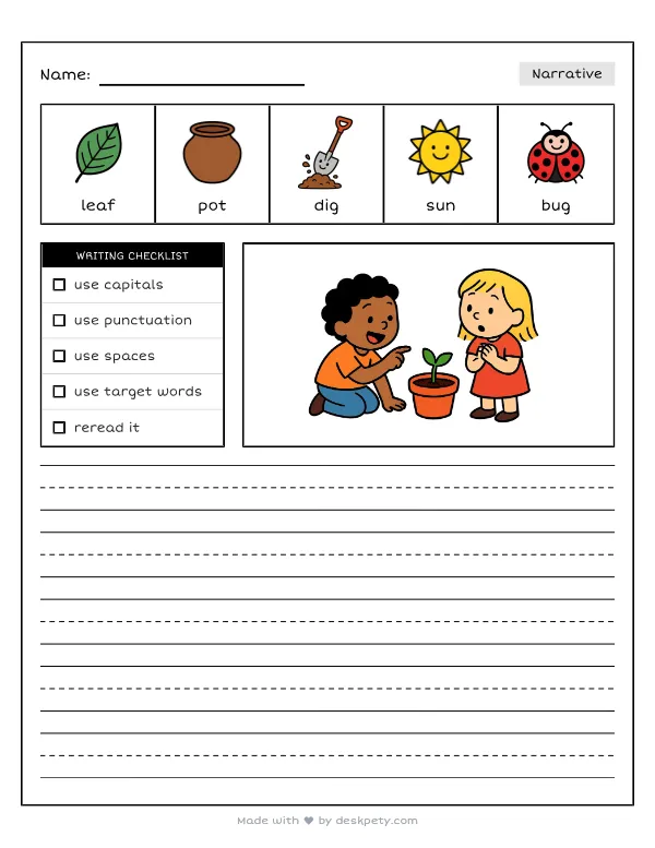 Free printable K-1 narrative writing prompt worksheet - Watching green leaves sprout makes me feel with word bank and handwriting lines