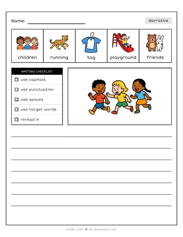 Playing tag with new friends on the playground at recess — real worksheet preview with word bank and writing lines