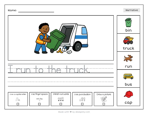A garbage collector tipping a big green bin into the back of a truck — real worksheet preview with word bank and writing lines