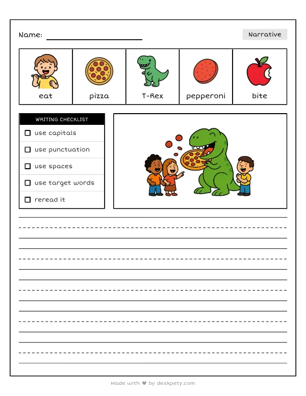 A huge T-Rex eating a whole pepperoni pizza — real worksheet preview with word bank and writing lines