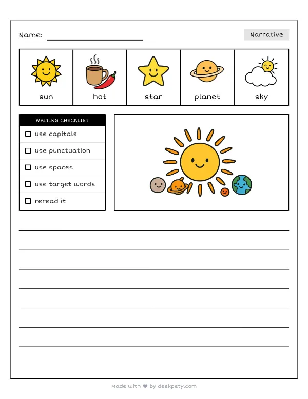 The giant, blazing hot sun shining in the center of the solar system — real worksheet preview with word bank and writing lines