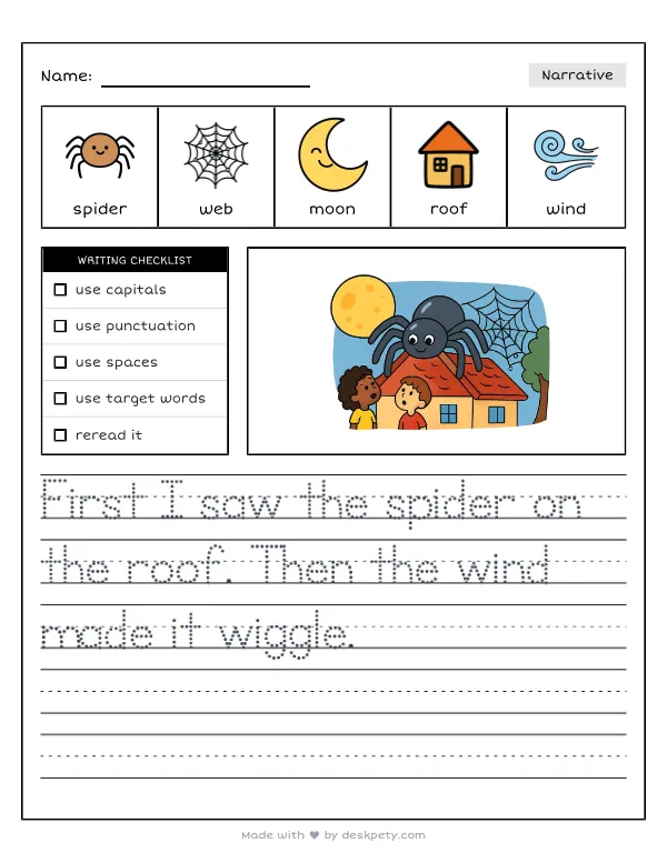 A giant inflatable spider perched on a suburban rooftop — real worksheet preview with word bank and writing lines