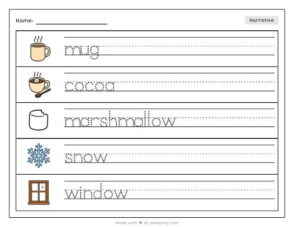 A warm cup of cocoa with marshmallows on a snowy windowsill — real worksheet preview with word bank and writing lines