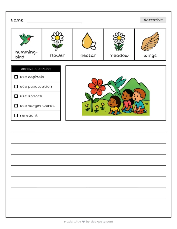 A tiny hummingbird sipping nectar from a bright red flower in a mountain meadow — real worksheet preview with word bank and writing lines