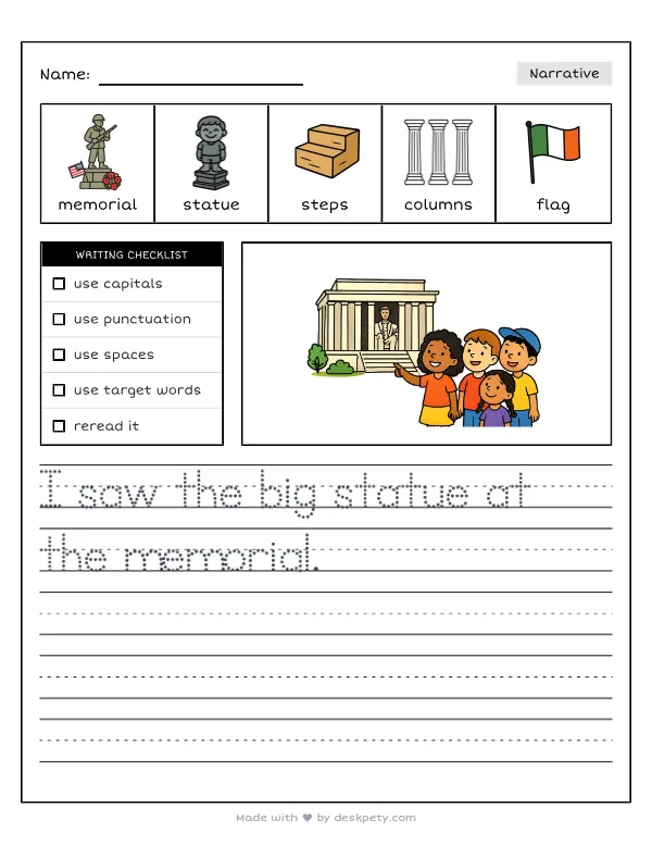 Free printable K-1 narrative writing prompt worksheet - Looking at the Lincoln Memorial I see with word bank and handwriting lines