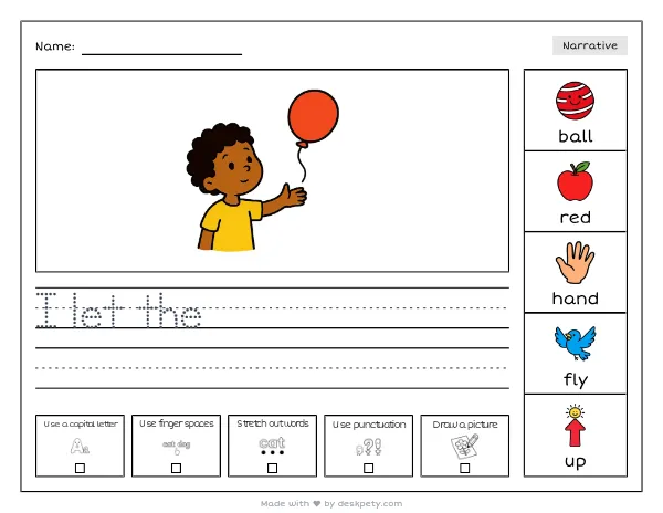 A red balloon floating away from a child's open hand — real worksheet preview with word bank and writing lines