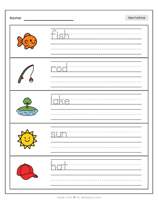 Free printable K-1 narrative writing prompt worksheet - Fishing at the calm mountain lake I caught with word bank and handwriting lines