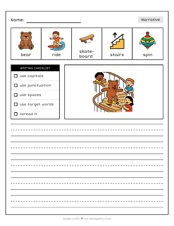 A bear riding a skateboard down a spiral staircase — real worksheet preview with word bank and writing lines