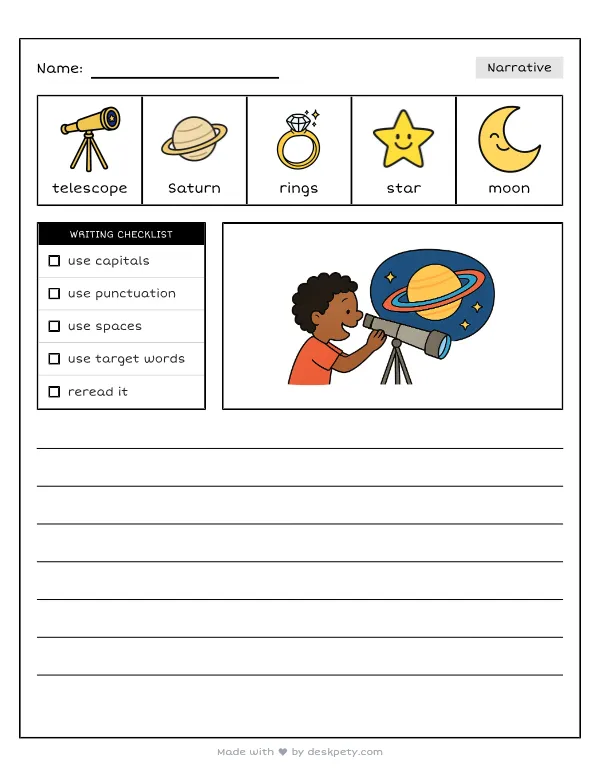 Looking through a telescope at the beautiful rings of Saturn — real worksheet preview with word bank and writing lines