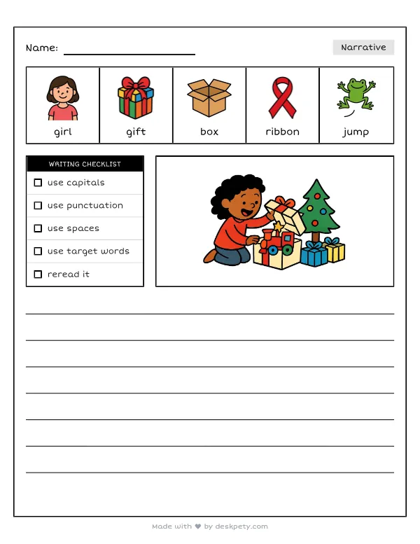 Opening the most exciting and special Christmas gift — real worksheet preview with word bank and writing lines
