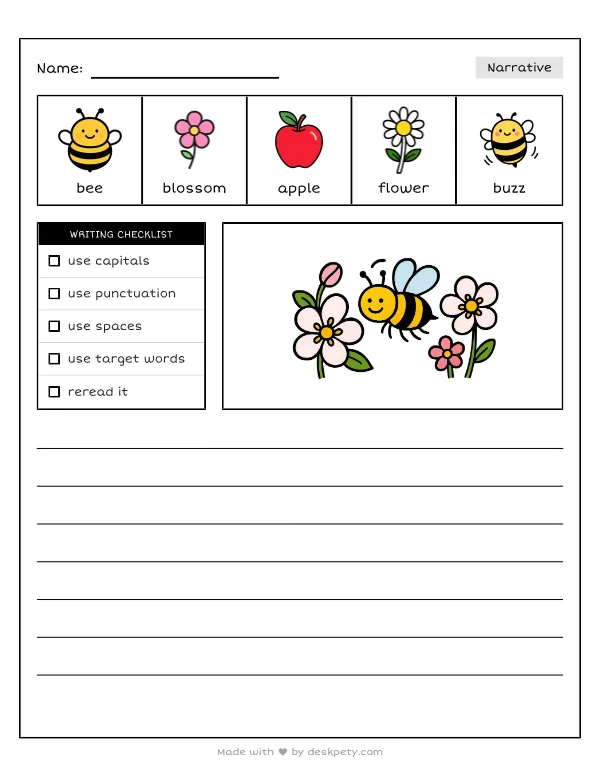 A busy bee buzzing around the pink and white apple blossoms — real worksheet preview with word bank and writing lines