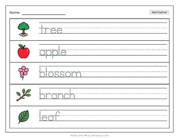 A row of apple trees with white blossoms — real worksheet preview with word bank and writing lines