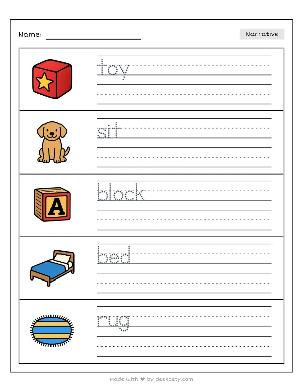 My messy bedroom with toys scattered on the floor — real worksheet preview with word bank and writing lines