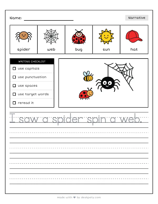A spooky black spider spinning a web in the corner — real worksheet preview with word bank and writing lines