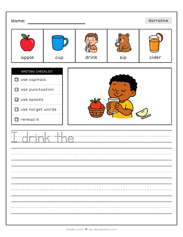 Drinking sweet, cold apple cider from a clear glass cup — real worksheet preview with word bank and writing lines