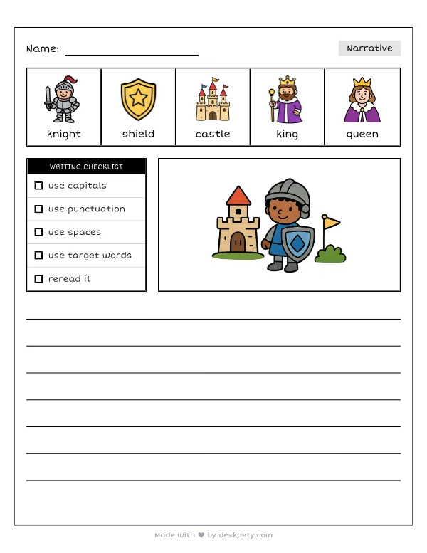 Free printable K-1 narrative writing prompt worksheet - Inside the royal castle lives a brave with word bank and handwriting lines