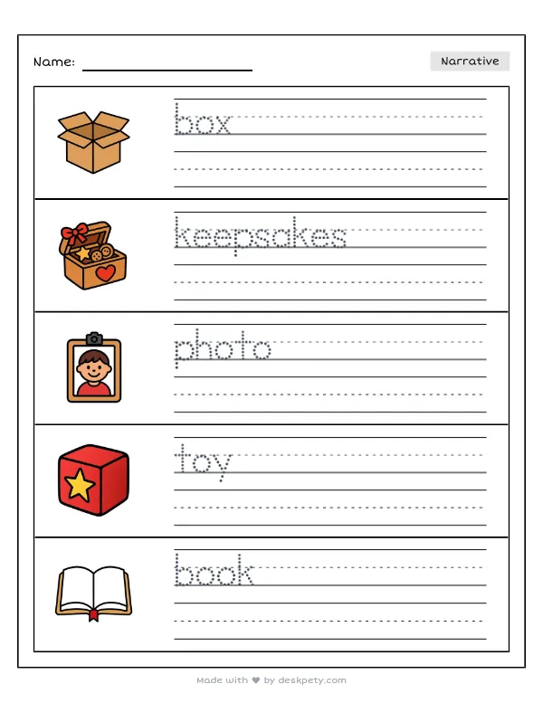 Preview of the a treasure box filled with my special keepsakes writing worksheet — word bank, tracing lines and checklist (page 1 of 5)