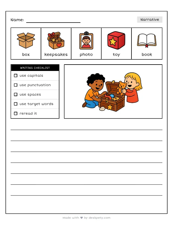 A treasure box filled with my special keepsakes — real worksheet preview with word bank and writing lines