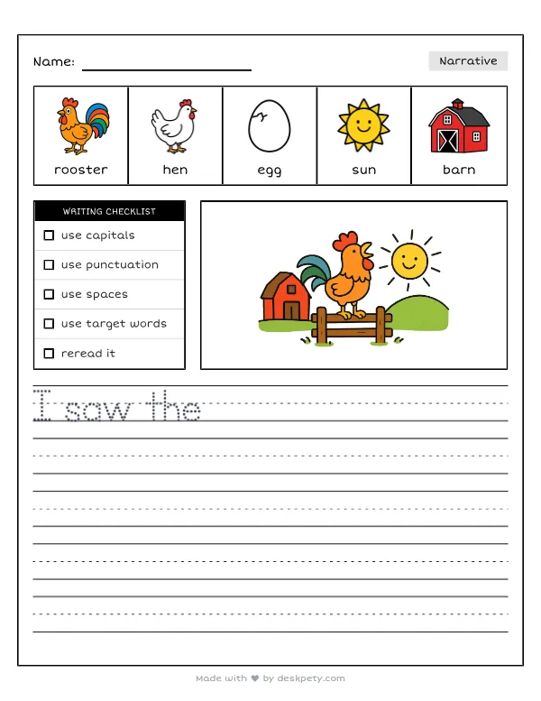 Free printable K-1 narrative writing prompt worksheet - Early in the morning the loud rooster crows to with word bank and handwriting lines
