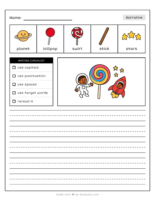 A planet shaped like a giant, colorful lollipop — real worksheet preview with word bank and writing lines