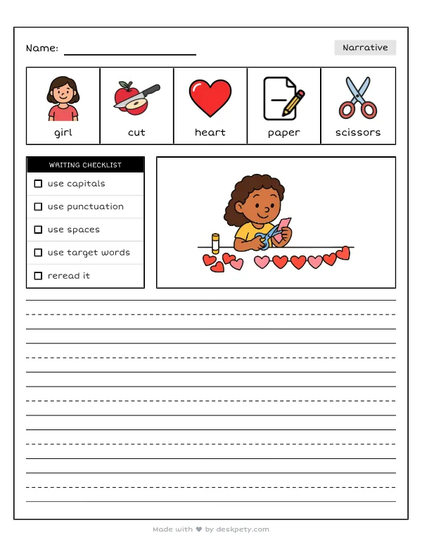 Cutting out a long chain of pink and red paper hearts — real worksheet preview with word bank and writing lines