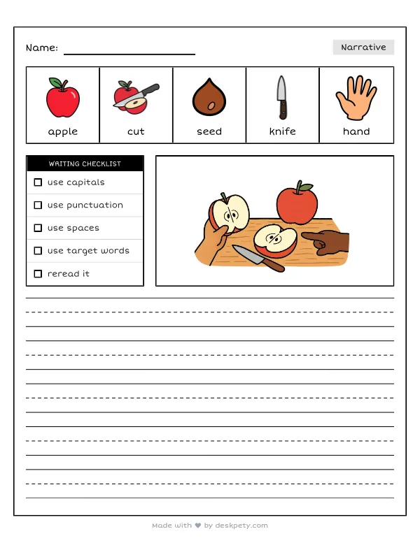 Cutting a ripe apple in half to see the tiny black seeds inside — real worksheet preview with word bank and writing lines