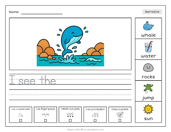 A whale breaching near a rocky coastline — real worksheet preview with word bank and writing lines