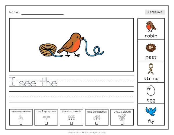 a robin pulling a shiny blue string from a woven nest — real worksheet preview with word bank and writing lines
