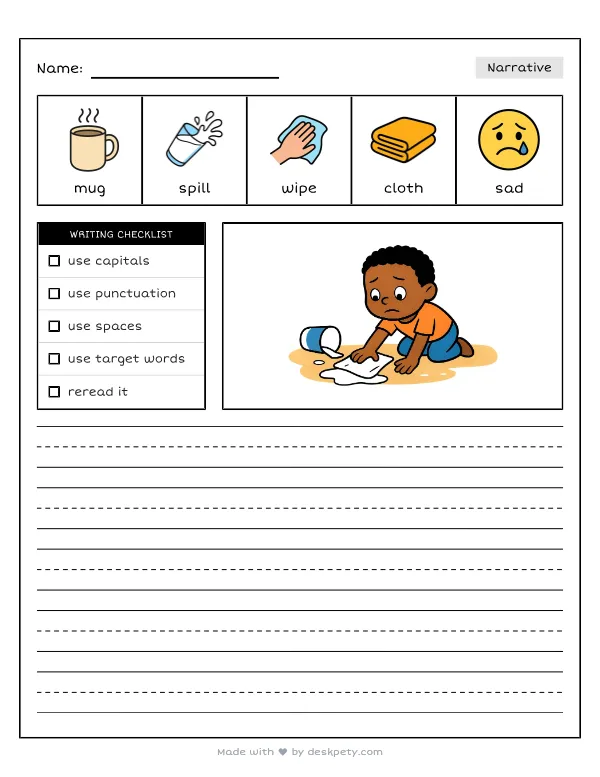 Making a mistake and what I did to fix it — real worksheet preview with word bank and writing lines